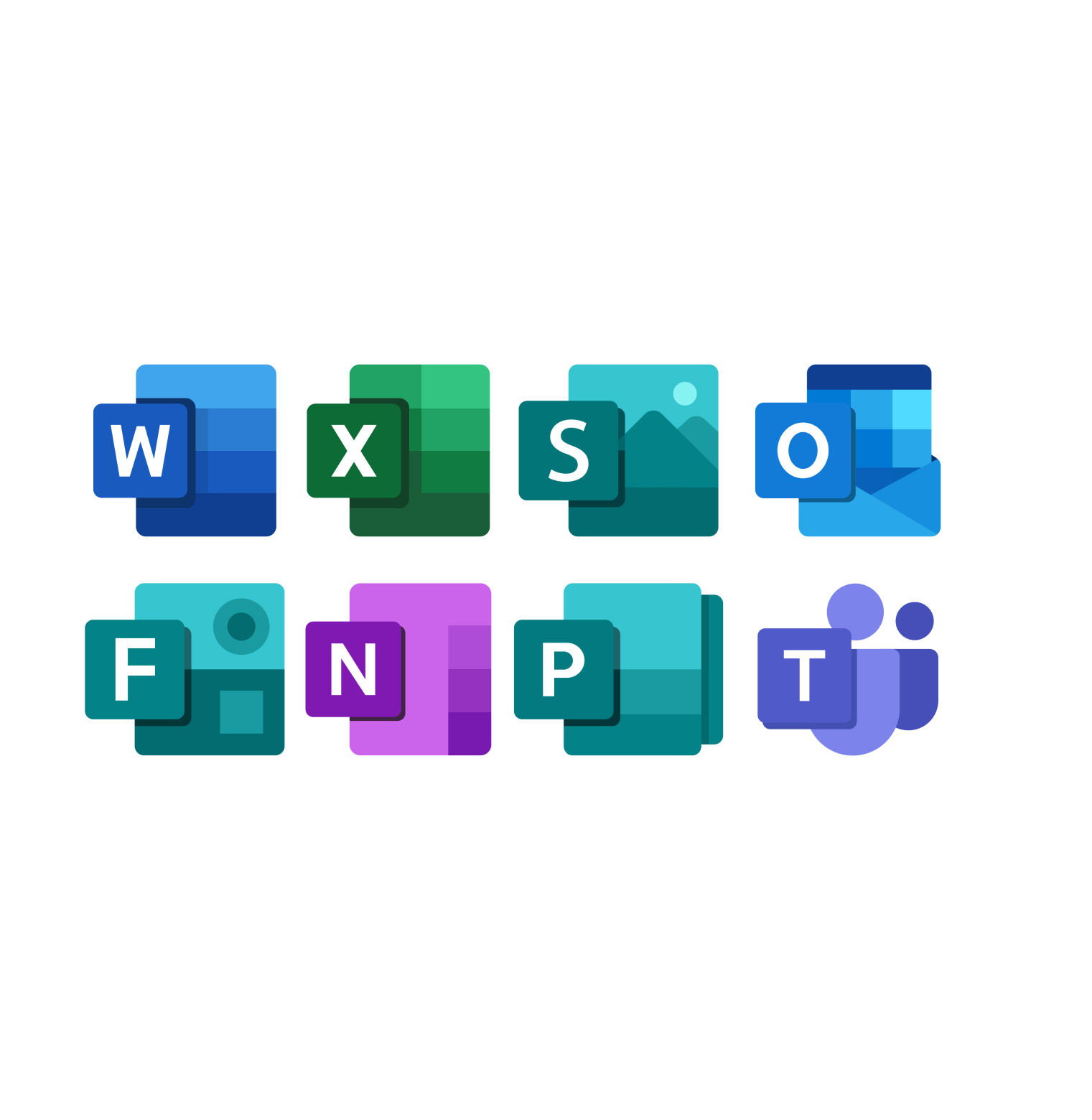 A collection of Microsoft 365 app icons including Word, Excel, PowerPoint, Outlook, and Teams0