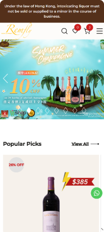 Mobile screenshot of Remfly Wine & Spirits homepage featuring a summer promotion banner and a 'Popular Picks' section with a bottle of red wine for $385