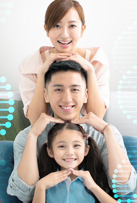 A smiling father, mother, and young daughter stacked vertically with a glowing blue DNA double helix graphic on either side