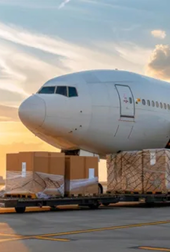 Cargo pallets on a transport trailer being positioned for loading into a large white freighter aircraft at sunset