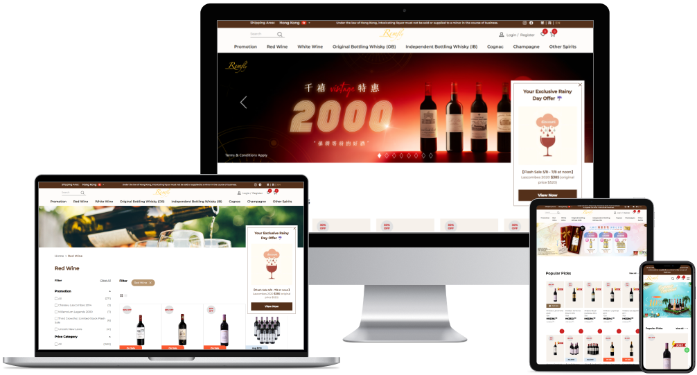 A single e-commerce website shown responsively across a desktop monitor, laptop, tablet, and smartphone