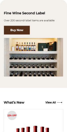 Mobile screenshot of Remfly Wine & Spirits website featuring the 'Fine Wine Second Label' section with a 'Buy Now' button and a 'What's New' gallery below