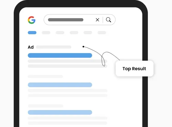 Illustration of a smartphone screen showing Google search results with 'Ad' labels at the top and a callout pointing to an 'Organic Search' result below.