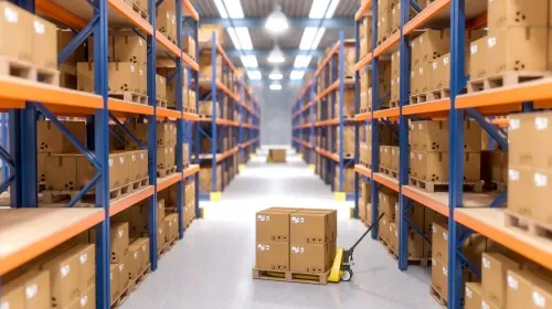 modern, organized warehouse aisle