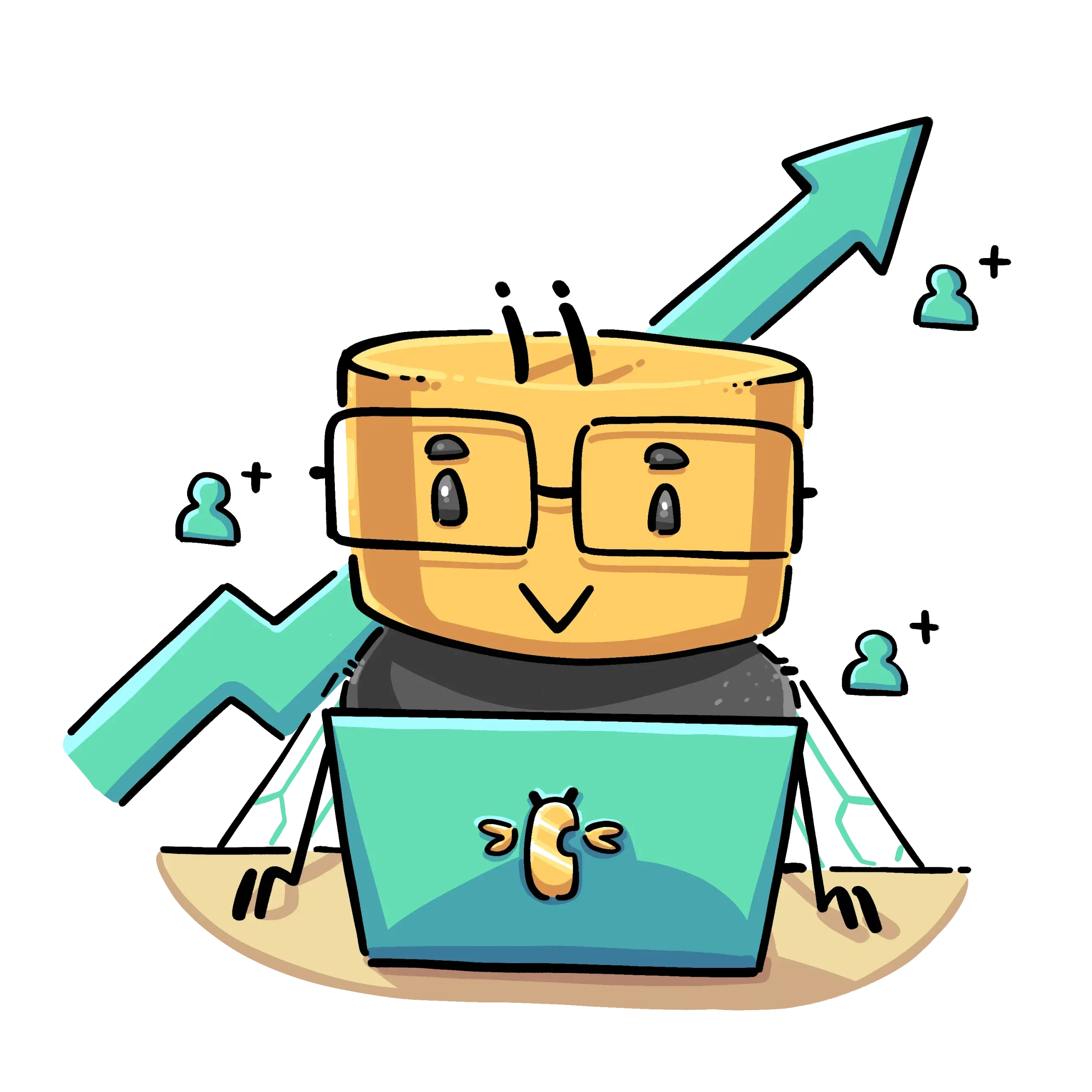 cute mascot character working on a laptop