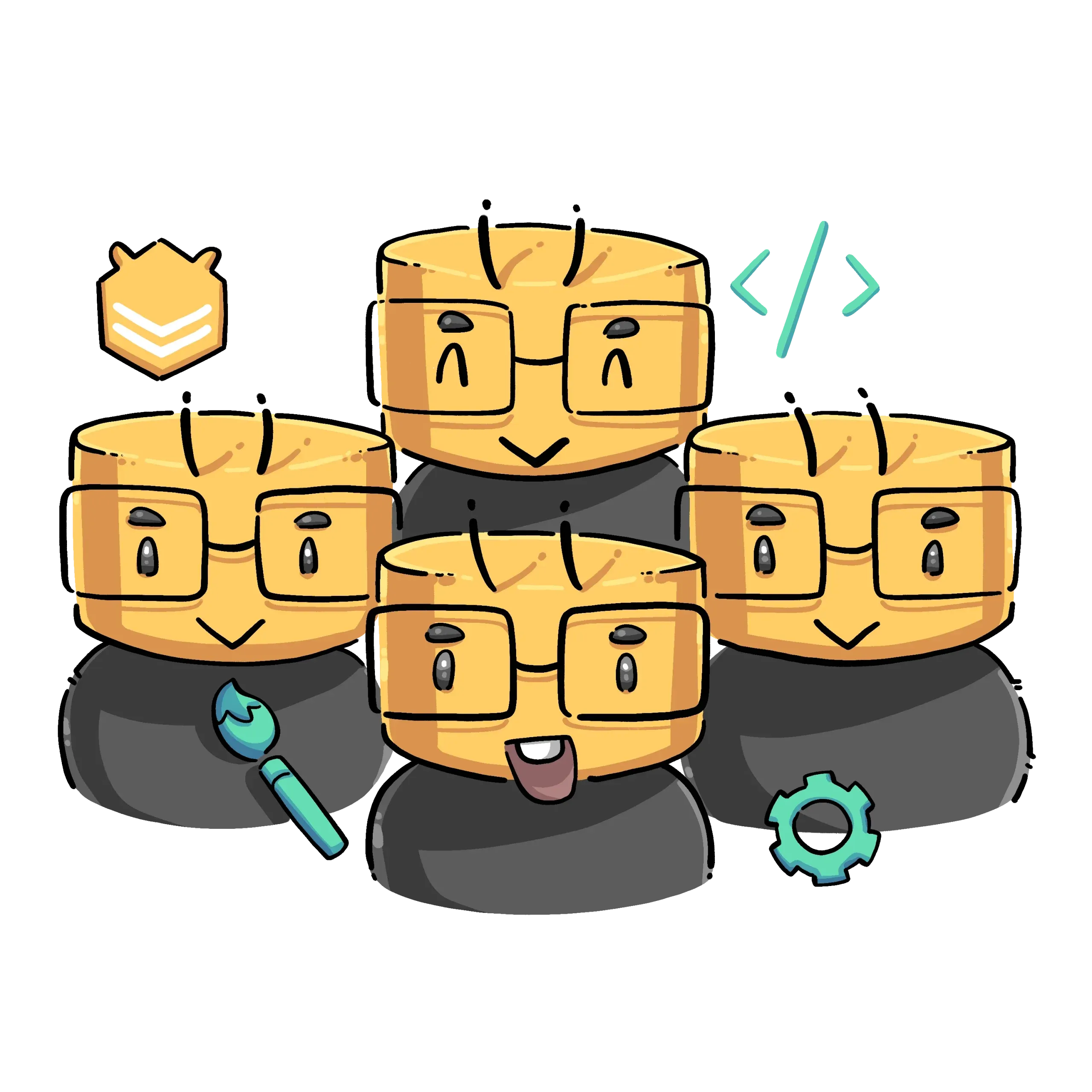 group of four cute mascot characters with diverse skill icons