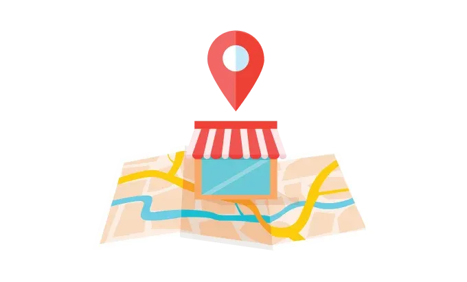 Icon representing local SEO, featuring a storefront on a map with a location pin