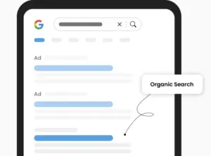 Illustration of a smartphone screen showing Google search results with 'Ad' labels at the top and a callout pointing to an 'Organic Search' result below.